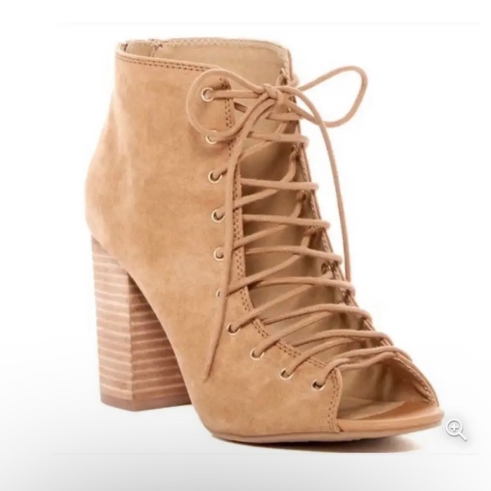 Chinese Laundry Tan Suede Lace-up Open-toe Booties 8.5